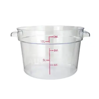 BRAND NEW 12 Qt. Polycarbonate Food Storage Container, clear, round shape, measurement markings in red, commercial use.