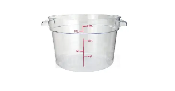 Winco 12-Quart Polycarbonate Food Storage Container, Model PTRC12, clear with red measurement markings, new condition.