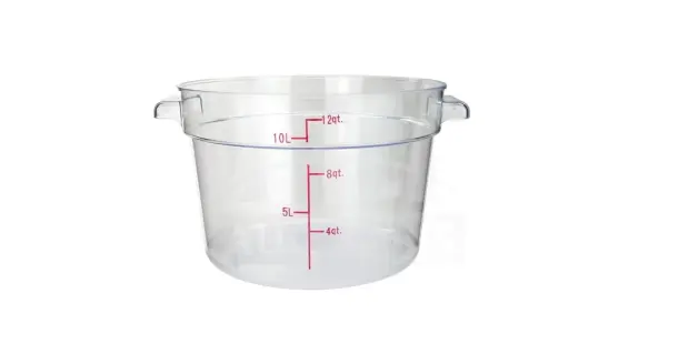 Winco 12-Quart clear polycarbonate round food storage container, model PTRC-12, with red measurement markings, new condition.