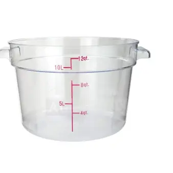 Winco 12-Quart clear polycarbonate round food storage container, model PTRC-12, with red measurement markings, new condition.