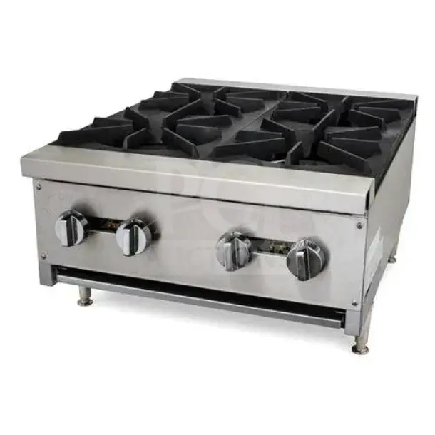 Brand new Cookline CGG24 gas-powered 4-burner countertop hot plate, stainless steel, with adjustable legs.