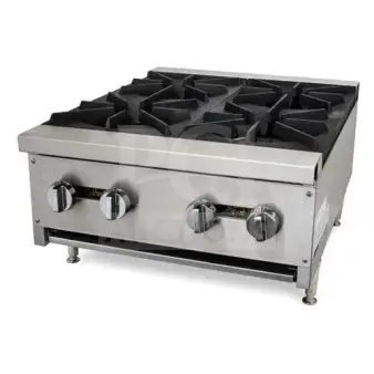 Brand new Cookline CGG24 gas-powered 4-burner countertop hot plate, stainless steel, with adjustable legs.