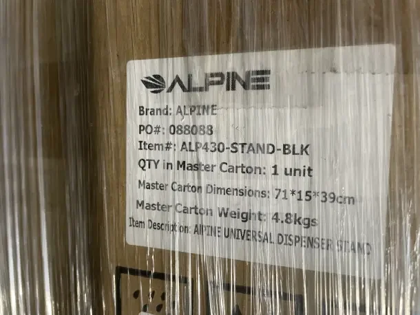 NEW boxed Alpine Universal Dispenser Stand, model ALP430-BLK. Full pallet, pristine condition. 60 units available.