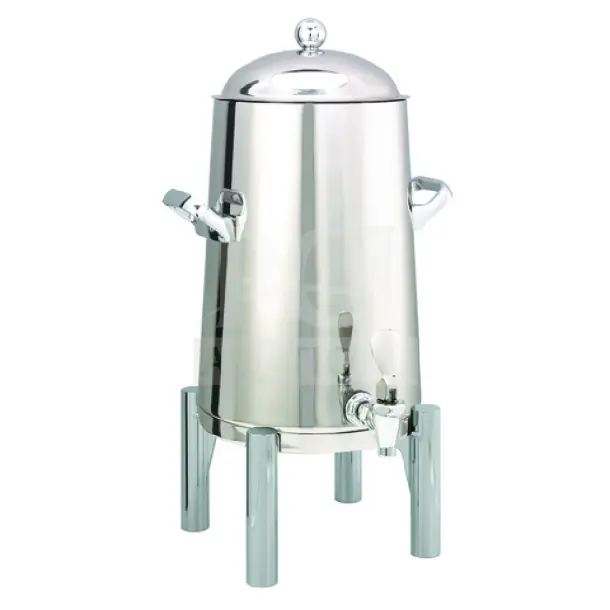 Brand new Service Ideas 5-gallon vacuum urn, stainless steel, with handles and spout, in original packaging.