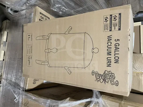 Brand new Service Ideas 5-gallon vacuum urn in box, featuring 6-hour retention, brushed finish, and two-person lift caution.