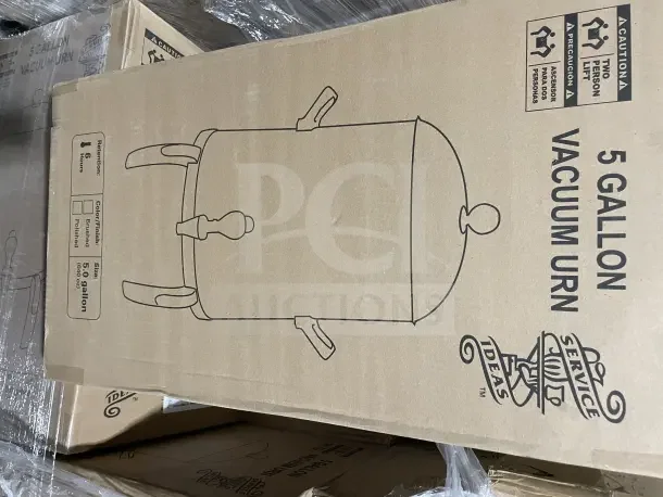 Brand new Service Ideas 5 Gallon Vacuum Urn in box, beige cardboard packaging with product illustration and branding.