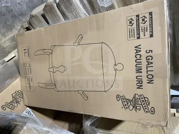 Brand new Service Ideas 5 Gallon Vacuum Urn in box, featuring 6-hour retention and brushed finish.