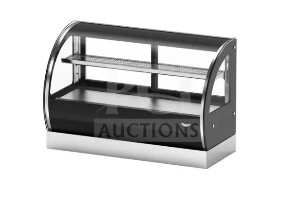 Brand new Vollrath HDE8136 countertop food warmer with curved front glass, rear access doors, and sleek design.