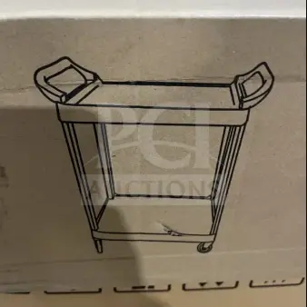 New Choice small bus cart, 24x16 inches, on casters, in original box. Box shows illustration of the cart.