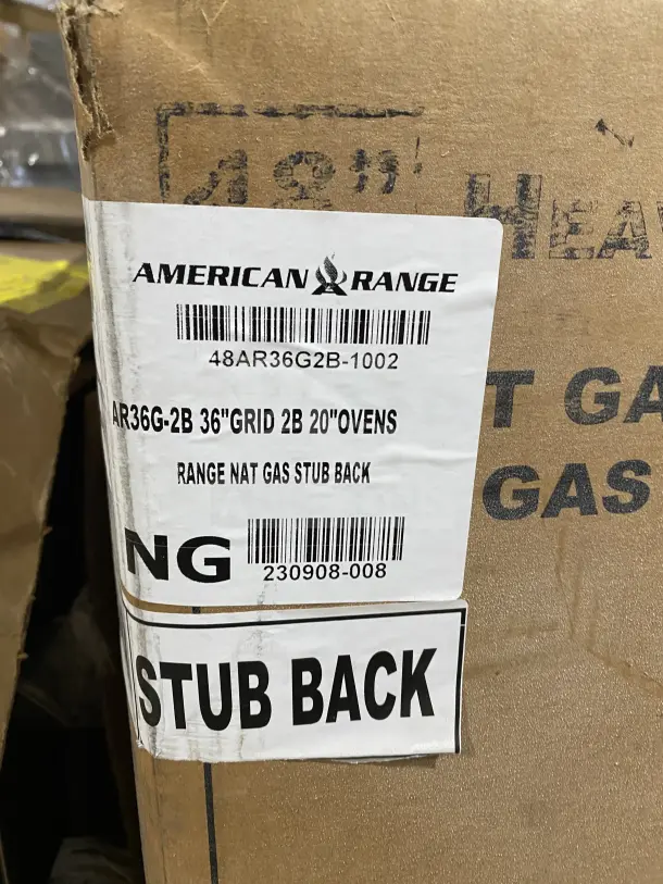 Brand new American Range HD Series gas range AR-36G-2B in box. Features 2 burners, stainless steel, barcode label visible.