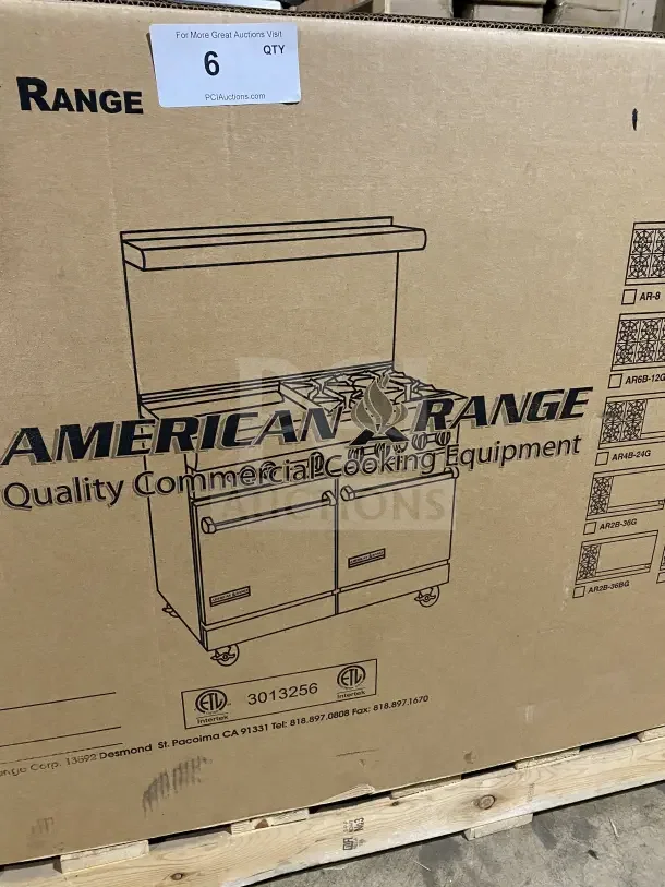 Brand new American Range HD Series AR-36G-2B commercial stainless steel gas range in box, 2 burners, pristine condition.