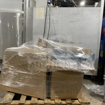 Mixed pallet with 6 AM bags, 5 chef pans, jackets, commercial casters, brooms, strainers, water filter, plates; wrapped and boxed.