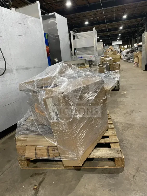 Brand new mixed pallet wrapped in plastic, containing chef pans, jackets, casters, brooms, strainers, plates, and more.