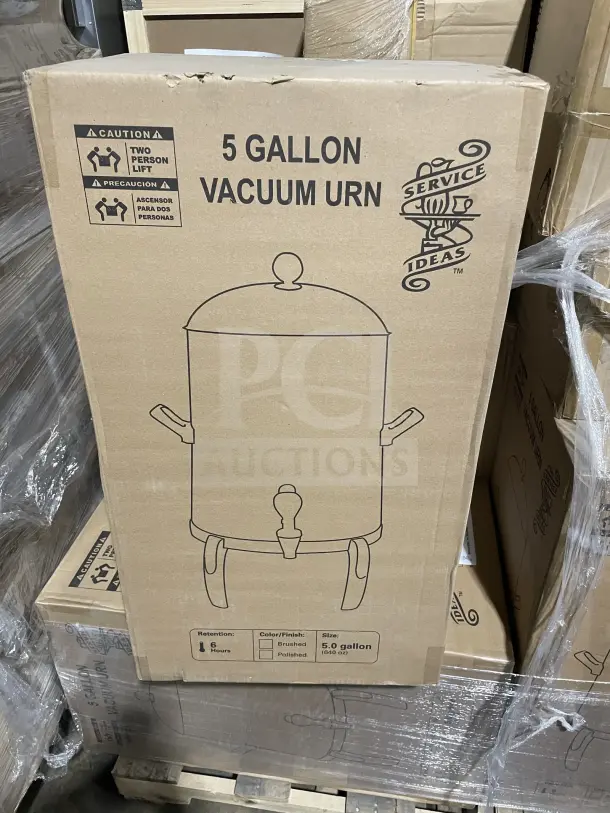 Brand new Service Ideas 5-gallon vacuum urn in box. Features include brushed finish and 6-hour heat retention.