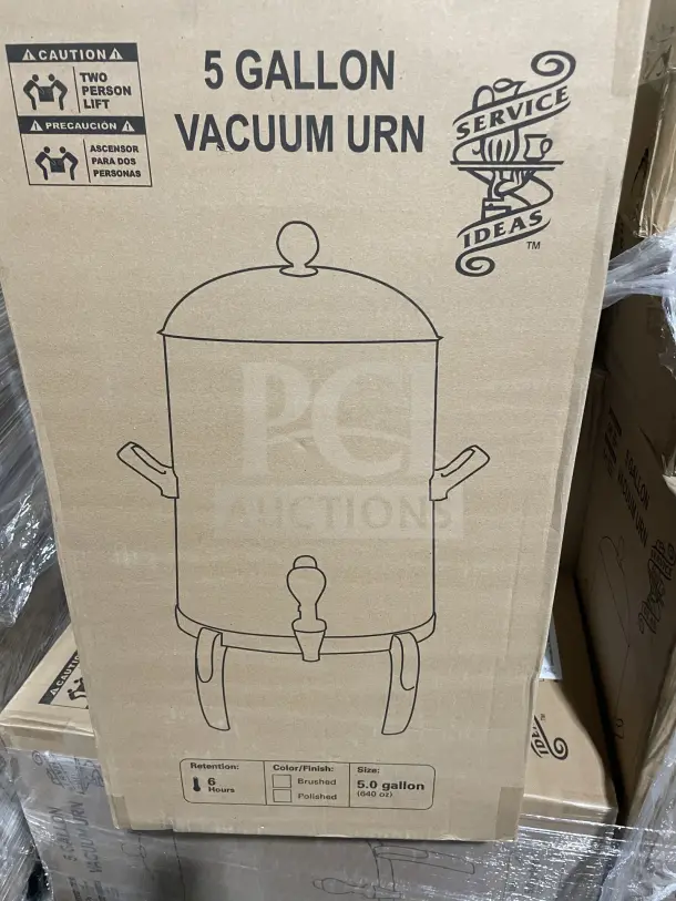 Brand new Service Ideas 5-gallon vacuum urn in box. Durable, high-capacity beverage dispenser, ideal for large gatherings.