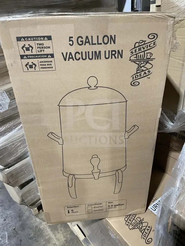 Brand new Service Ideas 5 Gallon Vacuum Urn in box. Features include brushed finish and 6-hour retention.