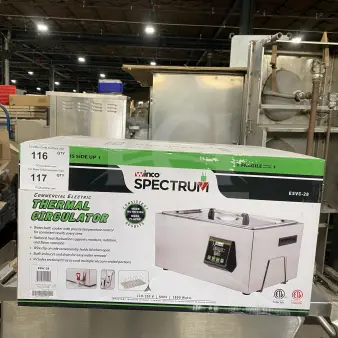 BRAND NEW Winco ESVC-28 sous vide cooker; 7.4 gal; stainless steel; digital control panel; in box; 110–120V; 1 phase.