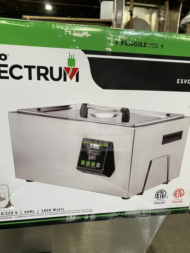 Winco ESVC28 Spectrum Series stainless steel sous vide cooker, new in box, 7.4 gal capacity, digital control, 110–120V.