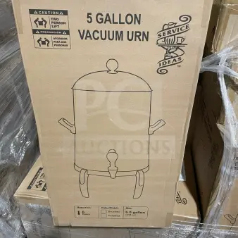Brand new Service Ideas 5-gallon vacuum urn in box, featuring 6-hour retention, brushed finish, and two-person lift caution.