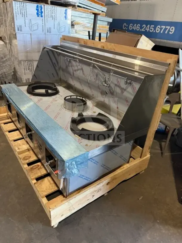 New Towns stainless steel 3-station commercial jet burner wok range, Model Y2SSN, natural gas, in original packaging.