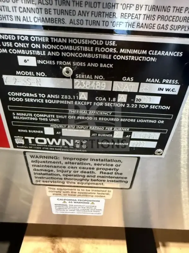 NEW Towns Y2SSN Stainless Steel Gas 3 Station Wok Range, Serial 238489, complies with ANSI Z83.11.