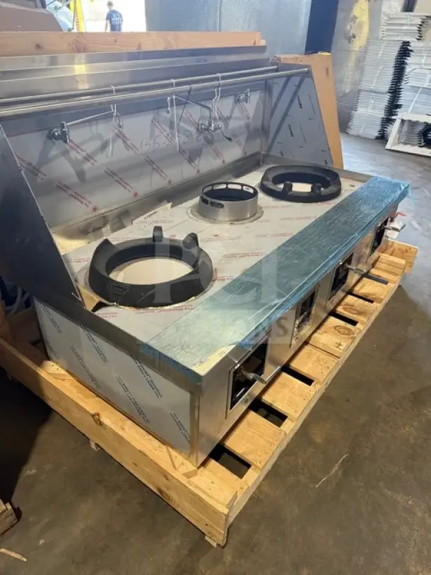 NEW Towns Stainless Steel 3-Station Jet Burner Wok Range, Model Y2SSN, Natural Gas, Heavy Duty, Serial 238489, New Condition.