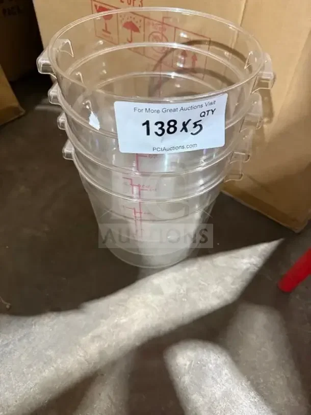NEW Thunder Group 6 Qt Clear Polycarbonate Storage Container, Model PLRFT306PC. Includes labeling for quantity tracking.