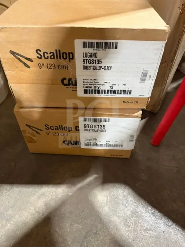Cambro 9-inch scallop tongs, model 9TGS135, new in box, 12 pieces per case, packaged in original Cambro boxes.