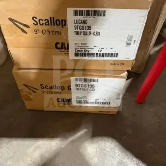 Cambro 9-inch scallop tongs, model 9TGS135, new in box, 12 pieces per case, packaged in original Cambro boxes.