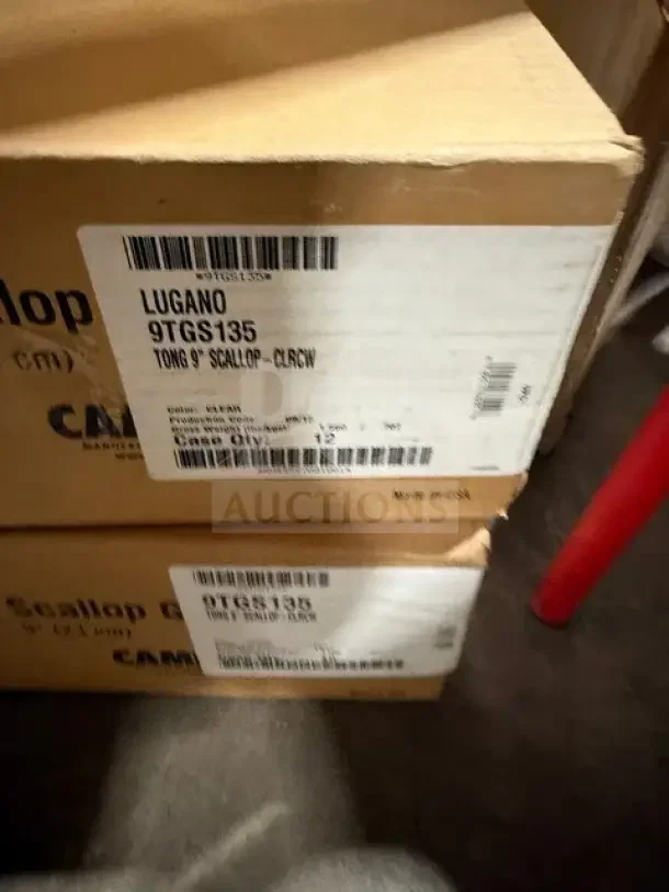 Cambro 9" Scallop Tongs, Model 9TGS135, 12-piece case, new in box. Box label shows specifications and model information.