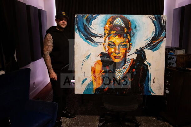 "Breakfast at Tiffany's" painting by Luke Rice, vibrant colors, includes Certificate of Authenticity and signed laminate.
