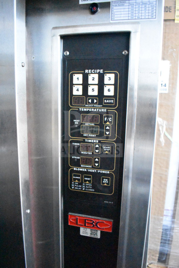 LBC LMO-MAX-G commercial roll-in rack oven control panel, featuring digital temperature and timer settings.