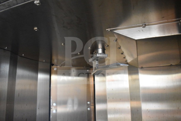 LBC LMO-MAX-G commercial rotating rack oven interior, natural gas powered, 125,000 BTU, stainless steel build, industrial use.