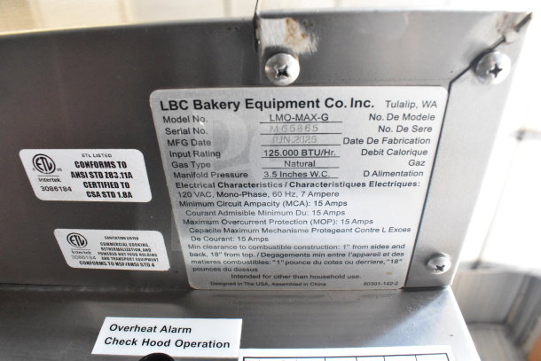 LBC LMO-MAX-G commercial gas oven label, 125,000 BTU, with ETL certification, model and MFG date info shown.