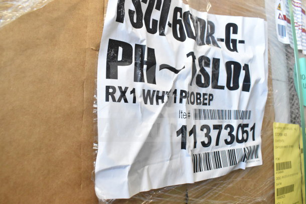 Brand new True TSCI-600R-G-PH commercial cooler, single door. Scratch and dent model, 115V, 1 phase. Packaging label visible.