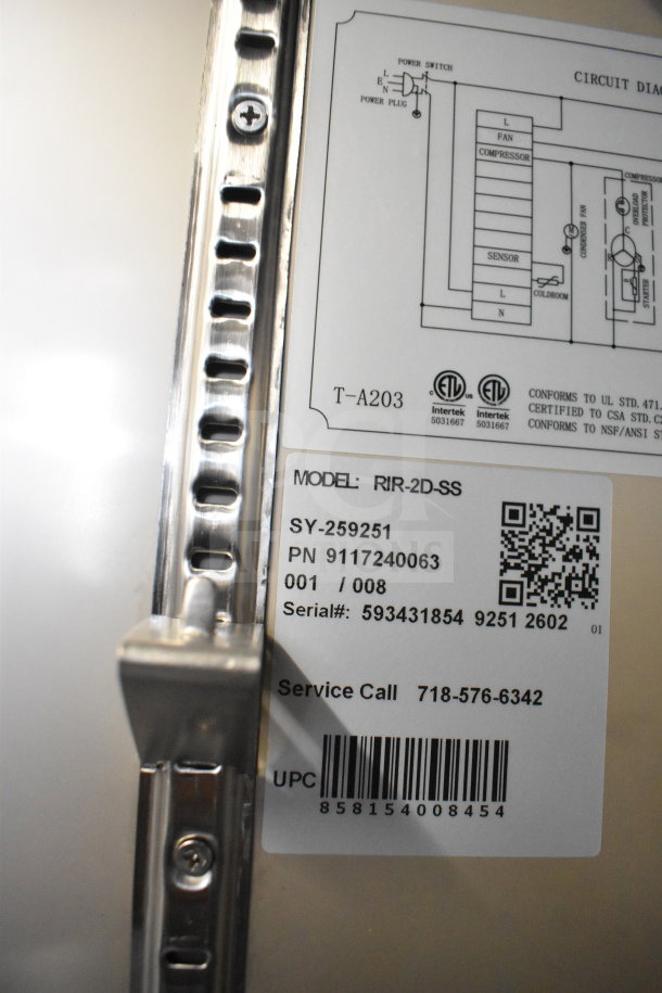 Label on 2026 KoolMore RIR-2D-SS Commercial Reach In Cooler, 115V, with model, serial number, and circuit diagram. Brand new, scratch and dent.