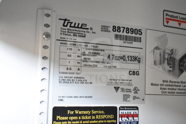 2016 True GDM-72-HC cooler label, showing model, 115V, 1 phase, 4.7 oz refrigerant, serial 8878905. Made in USA.