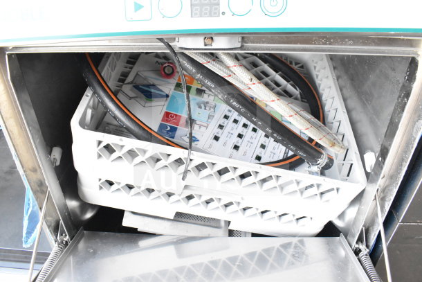 Brand new Noble 495LTUC24 undercounter dishwasher, low-temp, 120V, 1 phase, shown with internal components and wiring.