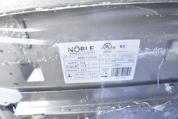 Noble 495LTUC24 undercounter dishwasher tag showing model, 120V, phase, UL and NSF listings, and electrical details.