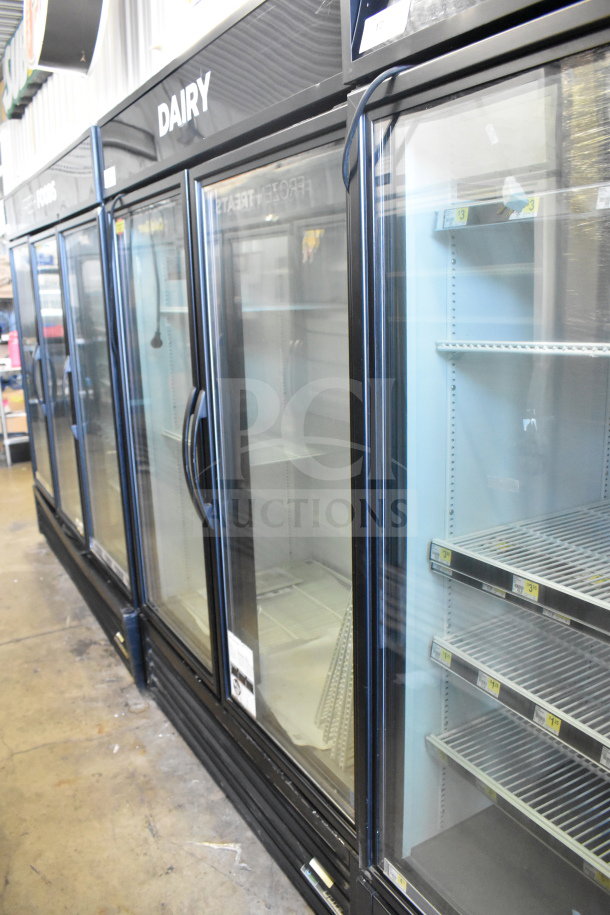2018 True GDM-49-HC Commercial 2 Door Reach In Cooler, glass doors, shelves intact, labeled "Dairy," 115V, 1 Phase.