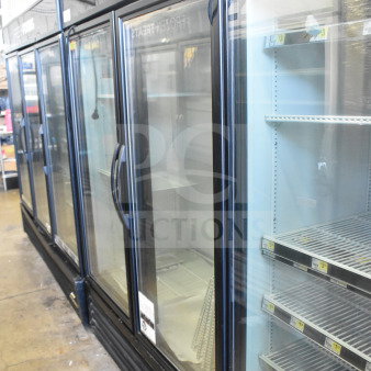 2018 True GDM-49-HC Commercial 2 Door Reach In Cooler, glass doors, shelves intact, labeled "Dairy," 115V, 1 Phase.