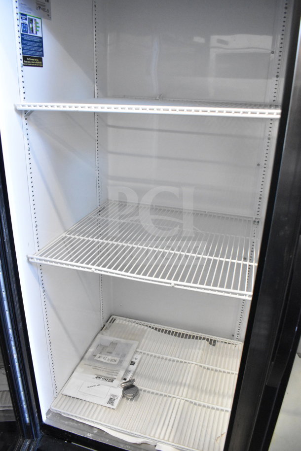 2018 True GDM-49-HC commercial 2-door cooler, white interior, three adjustable shelves, good condition, 115V.