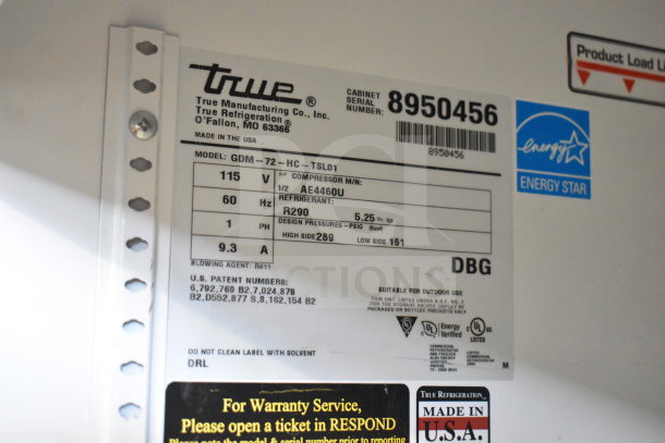 2016 True GDM-72-HC Commercial 3 Door Cooler, Model GDM-72-HC, 115V, Energy Star, Serial 8950456, Made in USA.