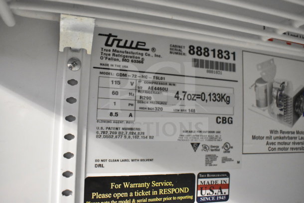 2016 True GDM-72-HC 3 Door Cooler Merchandiser label, 115V, 1 phase, R290 refrigerant, 8.5A, serial number 8881831.