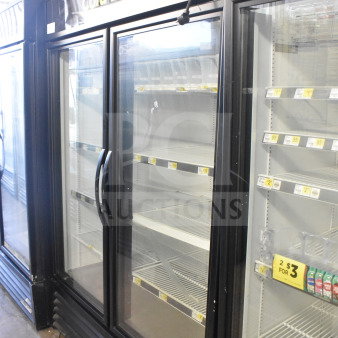 2019 True GDM-49-HC commercial cooler, two glass doors, black frame. Features adjustable shelves, operates on 115V, 1 phase.