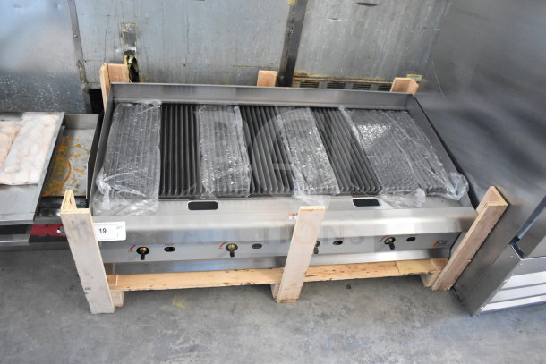 BRAND NEW Cooking Performance Group CL-CPG-48-NL 48" natural gas charbroiler, 120,000 BTU, with protective wrapping.