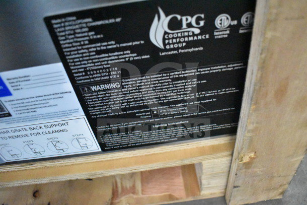 Brand new Cooking Performance Group CL-CPG-48-NL 48" Natural Gas Countertop Lava Briquette Charbroiler, 120,000 BTU, with visible warning labels for installation and use.