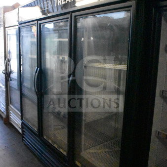 2016 True GDM-72F-HC Commercial 3 Door Freezer Merchandiser, glass doors, black exterior, labeled "Frozen Treats."