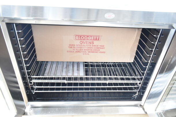 BRAND NEW 2025 Blodgett Zephaire-100-G convection oven, open view. Box shows Blodgett branding and address.
