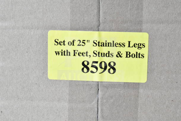 Set of 25" stainless legs with feet, studs, bolts; labeled with number 8598.